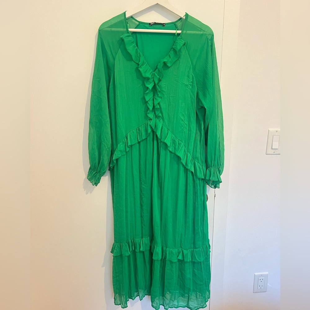 Zara long green ruffle dress. Perfect for summer.